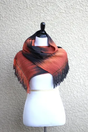 Woven scarf in black and red orange colors, gift for her