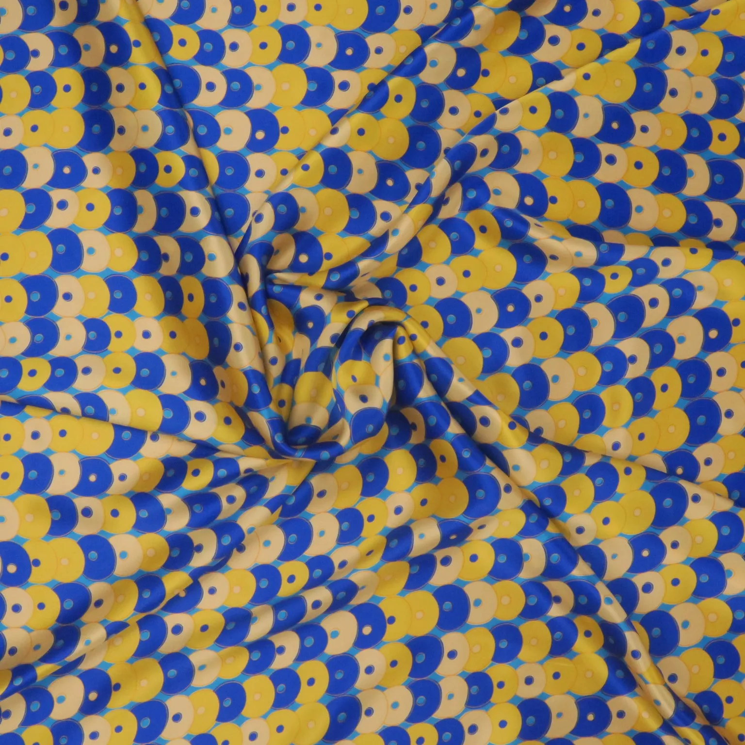 Yellow and Blue Balls Printed Silk Charmeuse Fabric