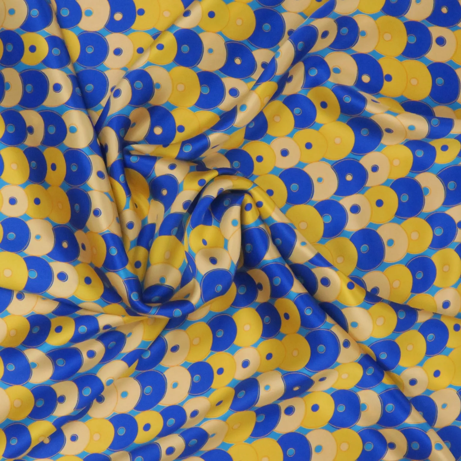 Yellow and Blue Balls Printed Silk Charmeuse Fabric