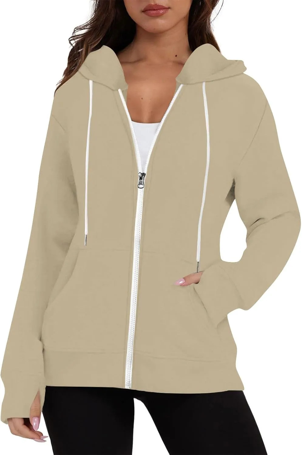 Zip Up Hoodie Womens Long Sleeve Drawstring Hooded Sweatshirt Casual Fleece Jacket 2024 Fall Outfits with Pockets